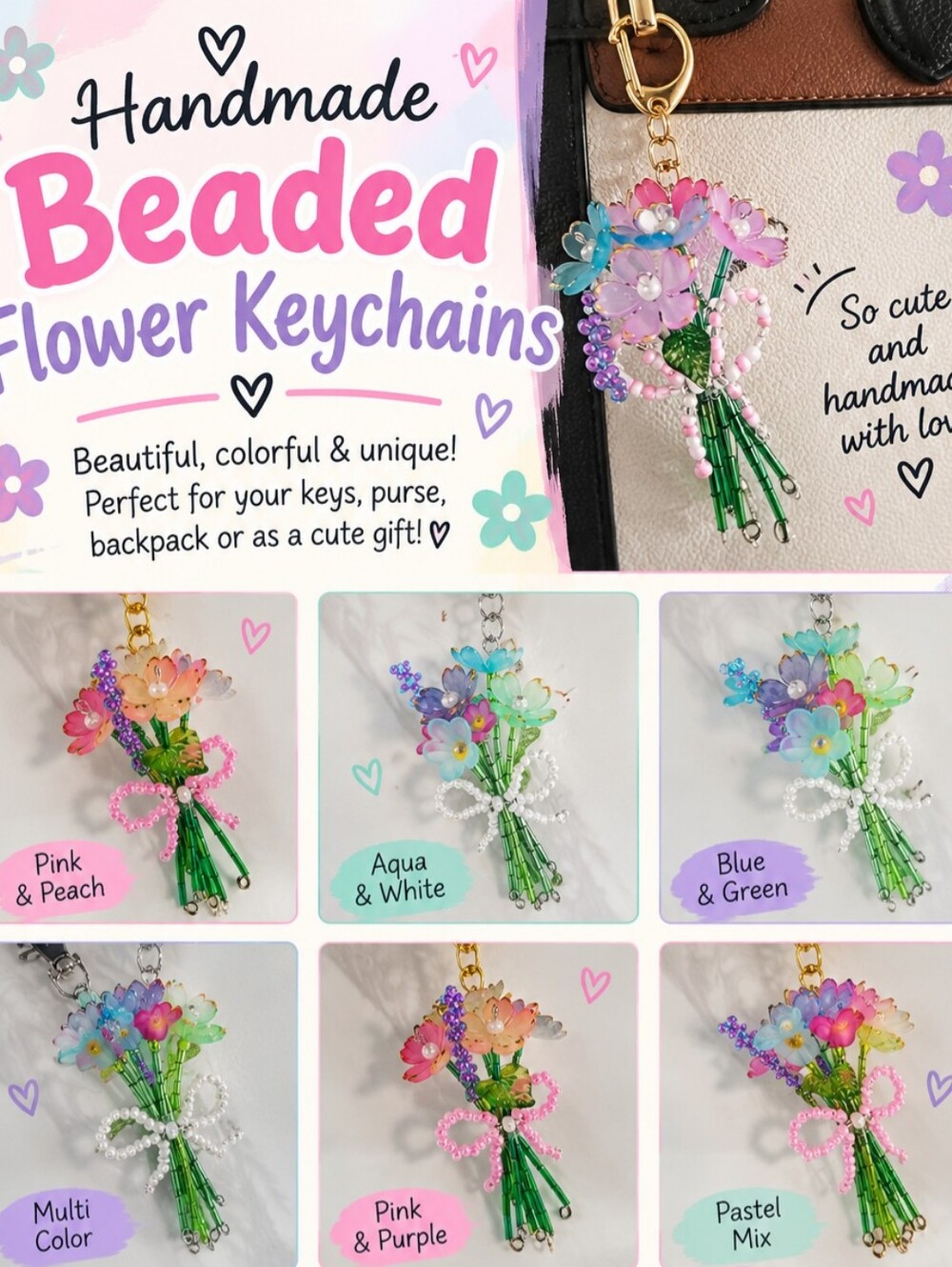 Handmade Beaded Flower Keychain. Set Of 3 Random Keychains. Light Pastel Colors.